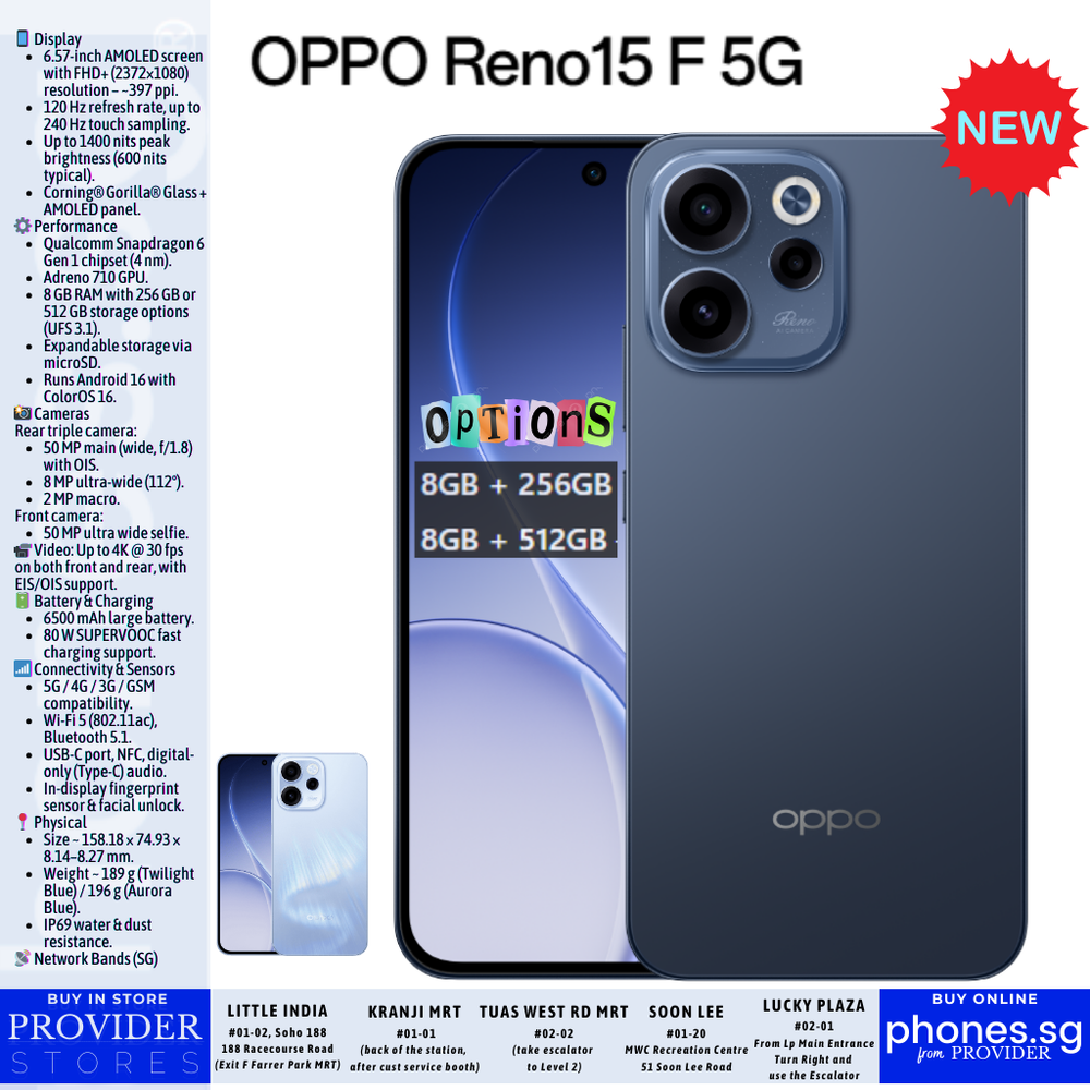 Oppo Reno15 F 5G (8GB + 8GB Extended RAM / 512GB Storage / 50MP